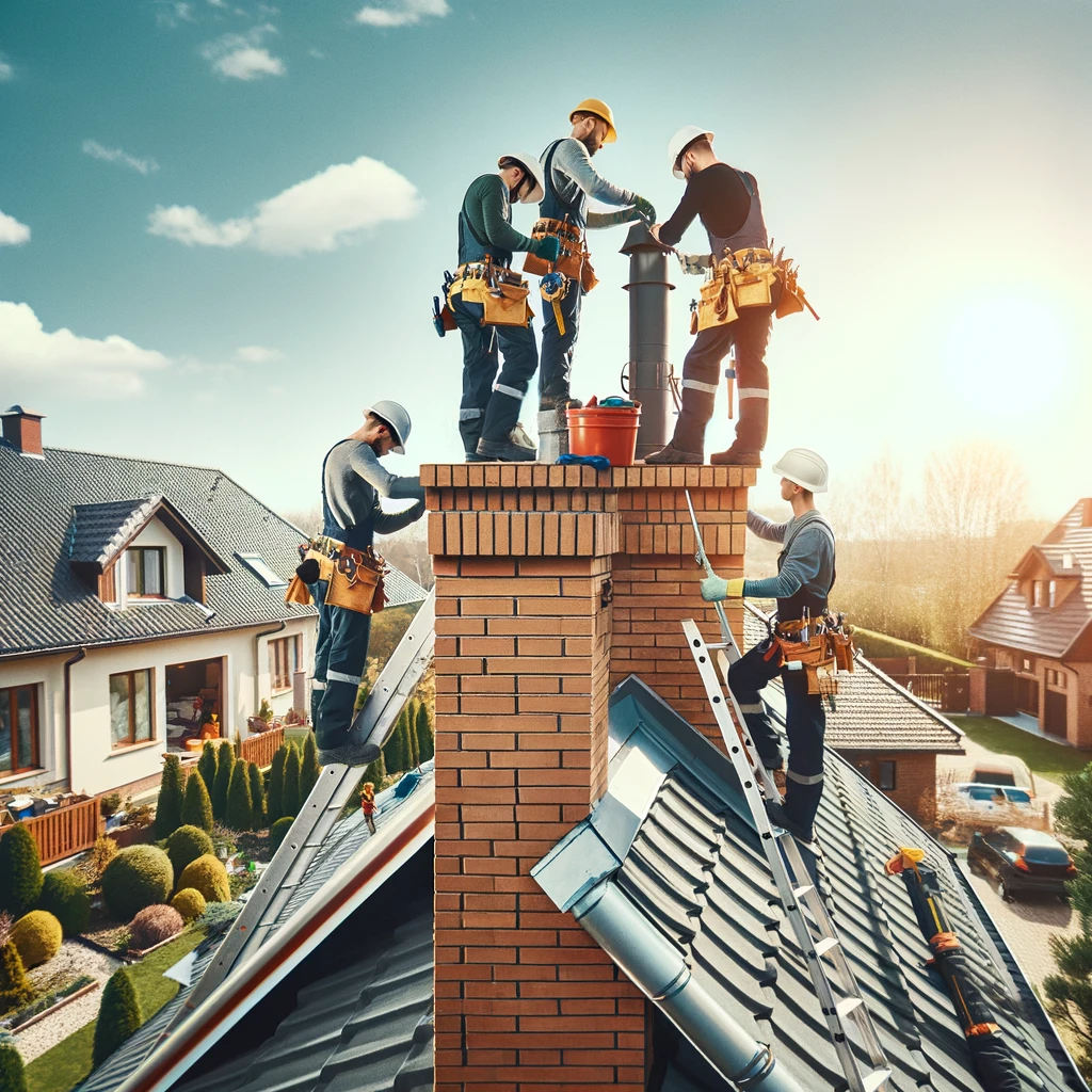 image shows a team of professional workers engaged in chimney repair on a residential rooftop.